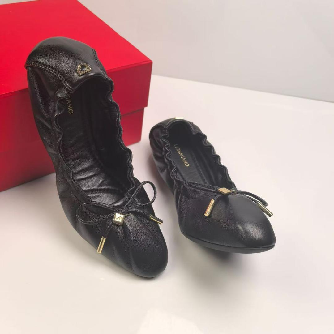 Ferragamo フェラガモ 蝴蝶結バレエシューズ 24cm 羊革 エレガント
