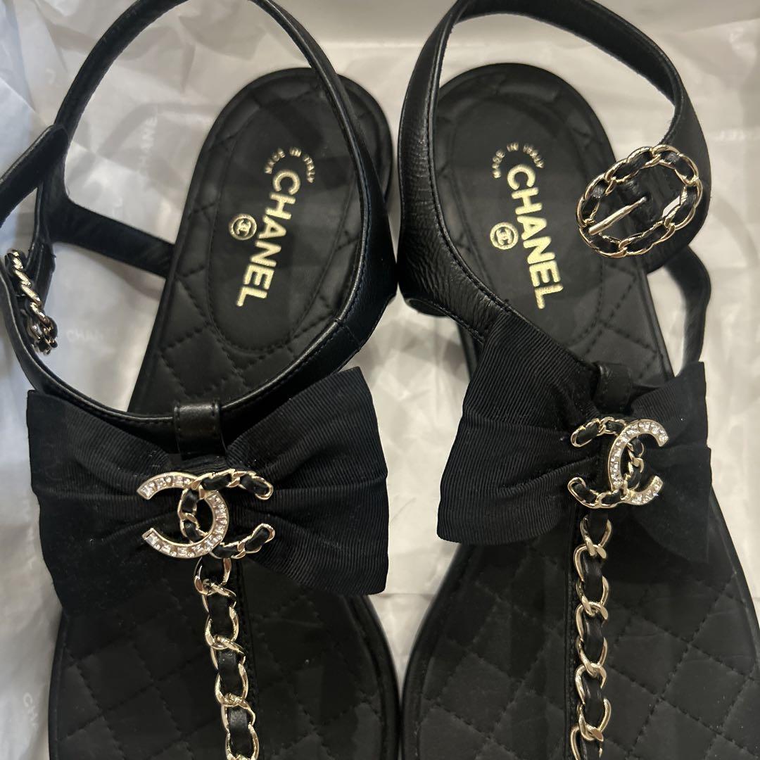 CHANEL ブラックリボンサンダル ピーチサンダル フラット