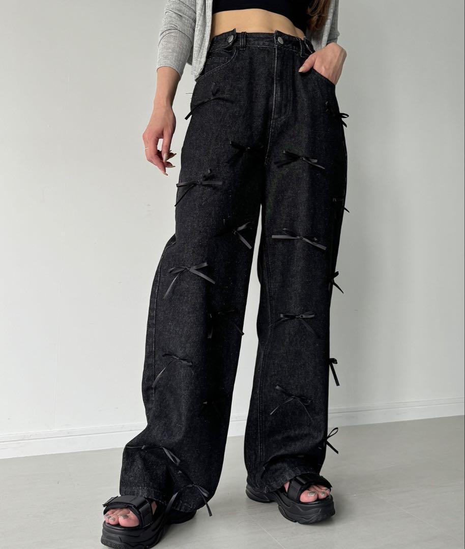【JUNOAH】リボン付きブラックルーズデニムパンツ【新品未使用】