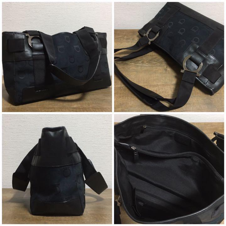 国産在庫 美品 ハンドバッグ ブラック 黒 QnGHs-m21416600348 フェラガモ Ferragamo レザー 最安値安い