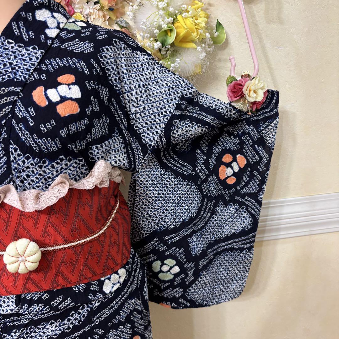 有松鳴海絞り伝統工芸❤️正絹 半幅帯 レースフリフリつまみ細工5点セット 当て布付 有松鳴海絞り伝統工芸❤️半幅帯レース つまみ細工ハンドメイド
