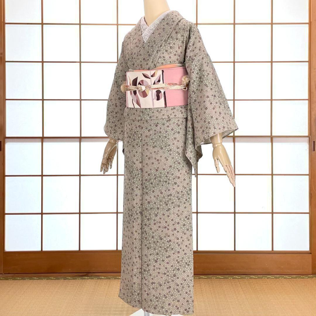 が大特価！ 正絹 小紋 単衣着物 桜 A-1391 未使用品 モスグリーン 小花柄 着物・浴衣