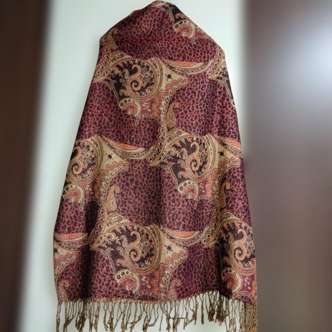 大判 ペイズリー ストール エスニック 赤 黒 ラメ フリンジ付き