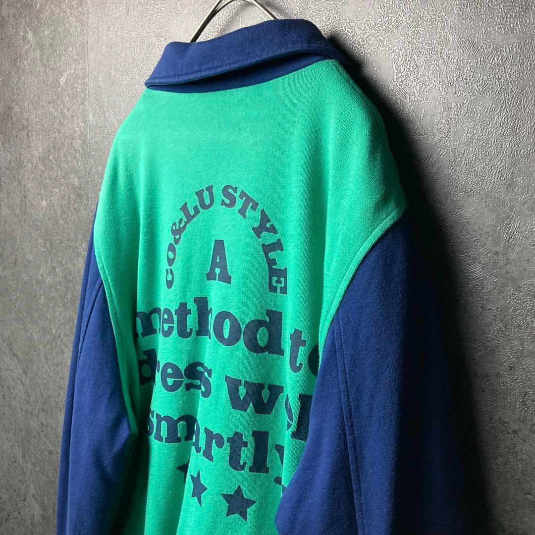 vintage スタジャン　スウェット生地　古着　M 緑　紺　切り替え　刺繍