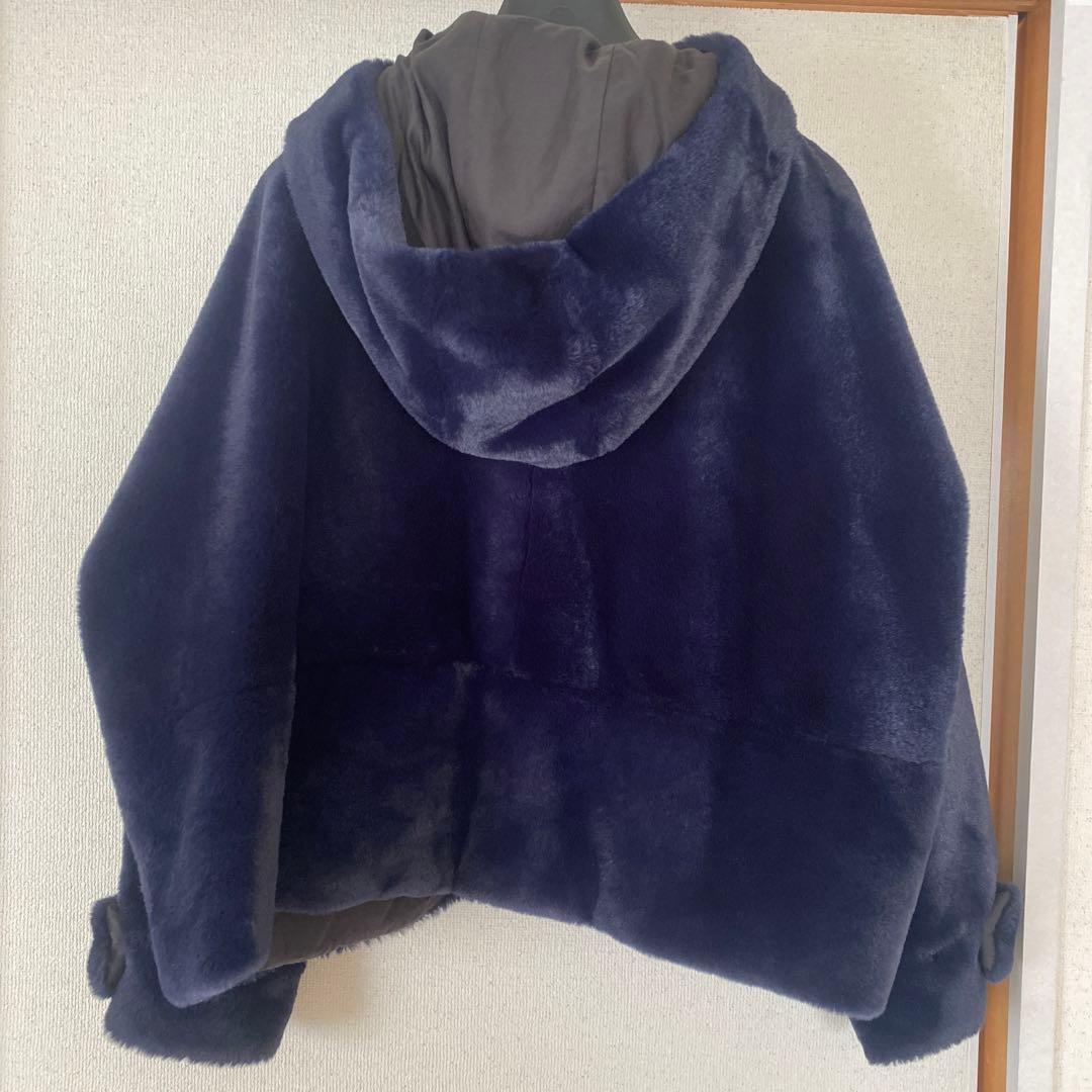 VACHEMENT ネイビー フード付きファーコート VACHEMENT ネイビー フード付きファーコート