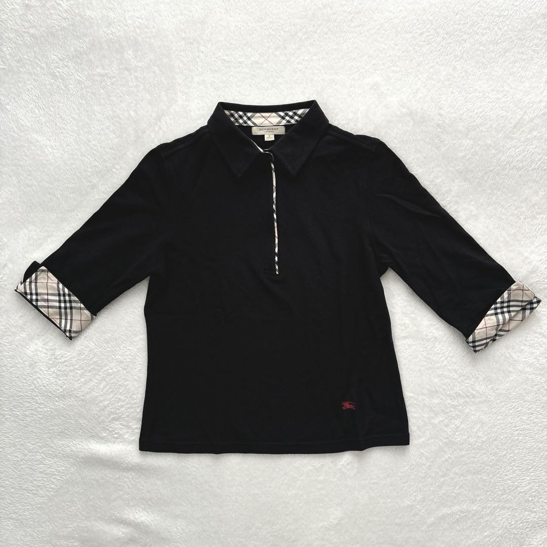 BURBERRY LONDON ノバチェック柄襟ポロシャツ 五分袖　黒　XL BURBERRY LONDON】ノバチェック ブラック 五分袖 ポロシャツ S