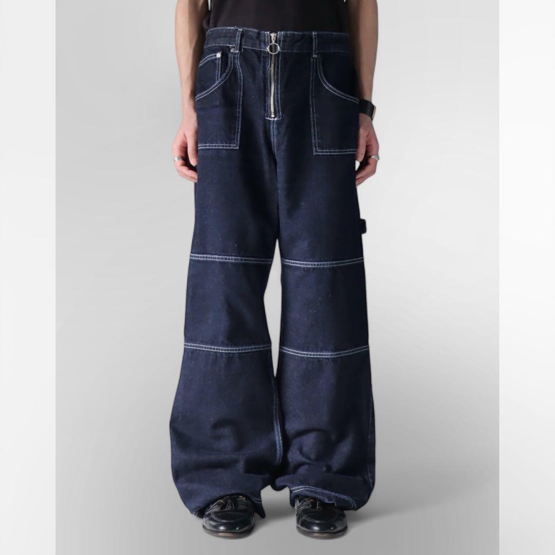 00s darknavy wide stick denim pants