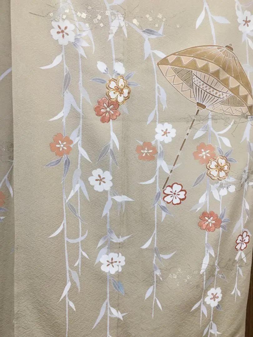トールサイズ 身丈164 裄丈68 正絹着物付下 枝垂れ桜 刺繍 金駒吉祥傘文様
