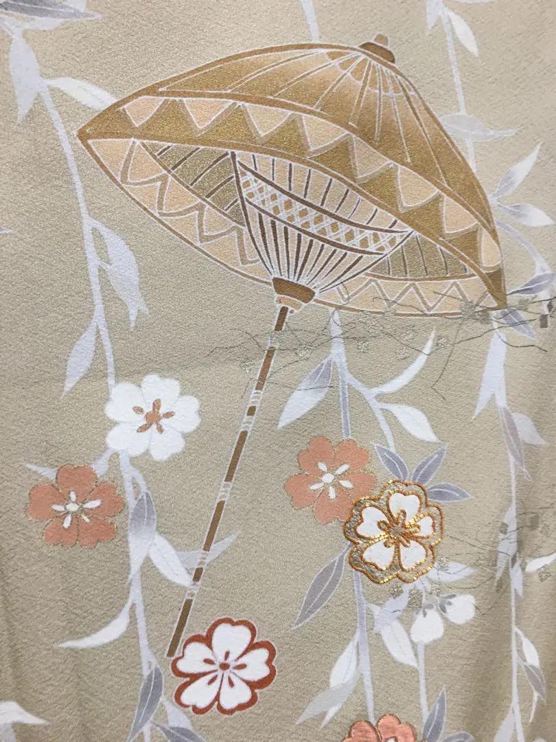 トールサイズ 身丈164 裄丈68 正絹着物付下 枝垂れ桜 刺繍 金駒吉祥傘文様