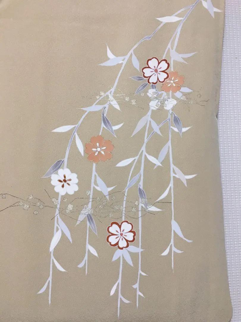 トールサイズ 身丈164 裄丈68 正絹着物付下 枝垂れ桜 刺繍 金駒吉祥傘文様