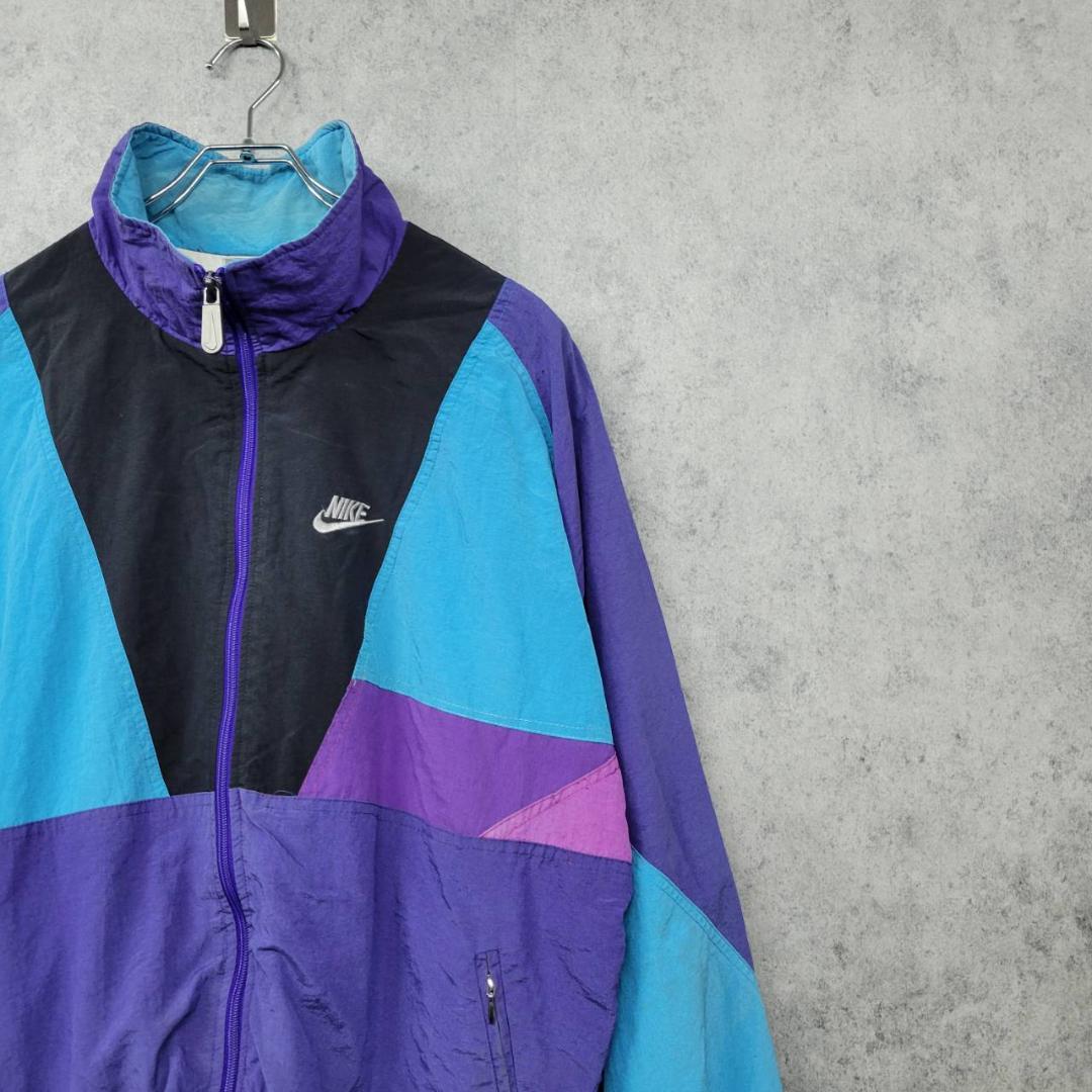 古着 90s ナイキ NIKE 刺繍 ナイロンジャケット マルチブルー XL