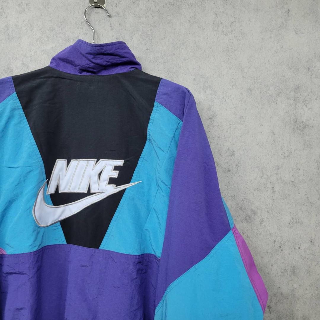 古着 90s ナイキ NIKE 刺繍 ナイロンジャケット マルチブルー XL