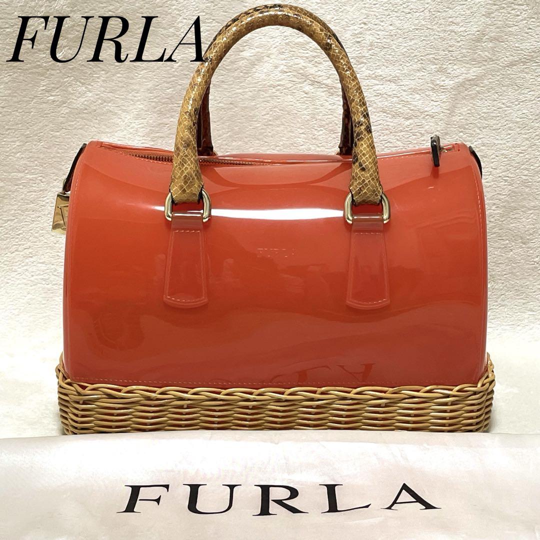 美品✨FURLA フルラ　キャンディバッグ　かごバッグ　ボストン型　オレンジ