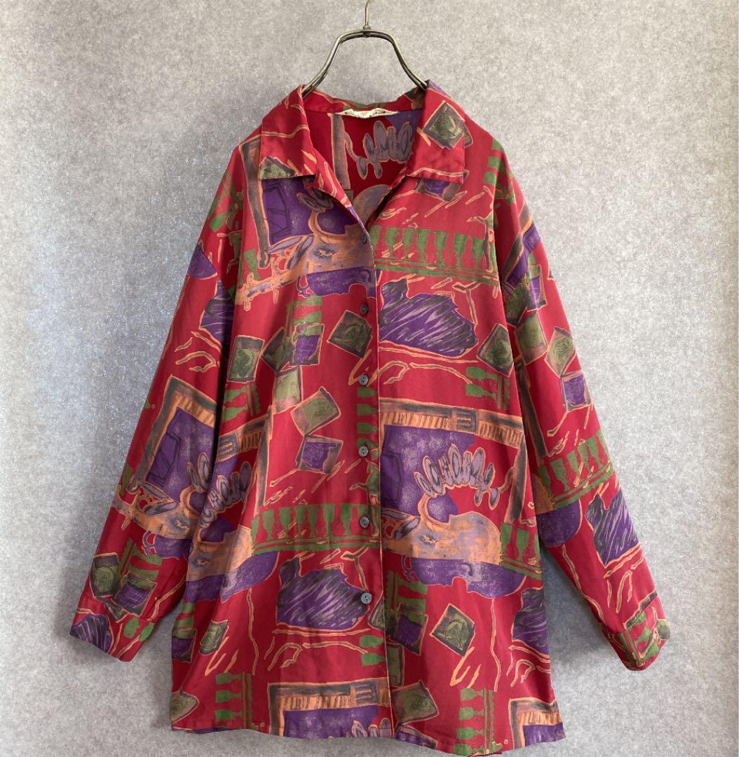 vintage ヴィンテージ レトロ古着 総柄オーバーサイズシャツ ブラウス長袖