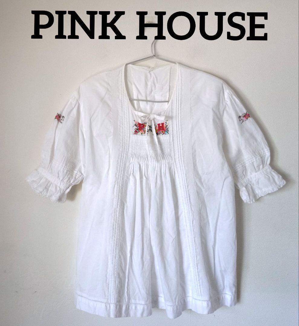 PINK HOUSE スモックブラウス 刺繍 パフスリーブ 5分袖