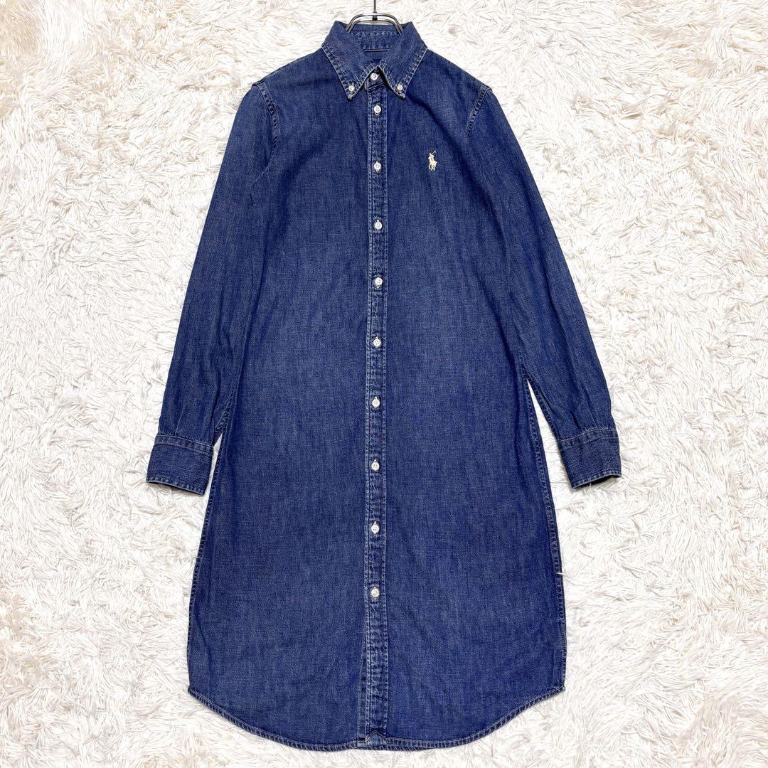 ラルフローレン デニム シャツワンピース ポニー刺繍 シェルボタン ブルー M 未使用級 ラルフローレン 現行 シャツワンピース デニム S 相当