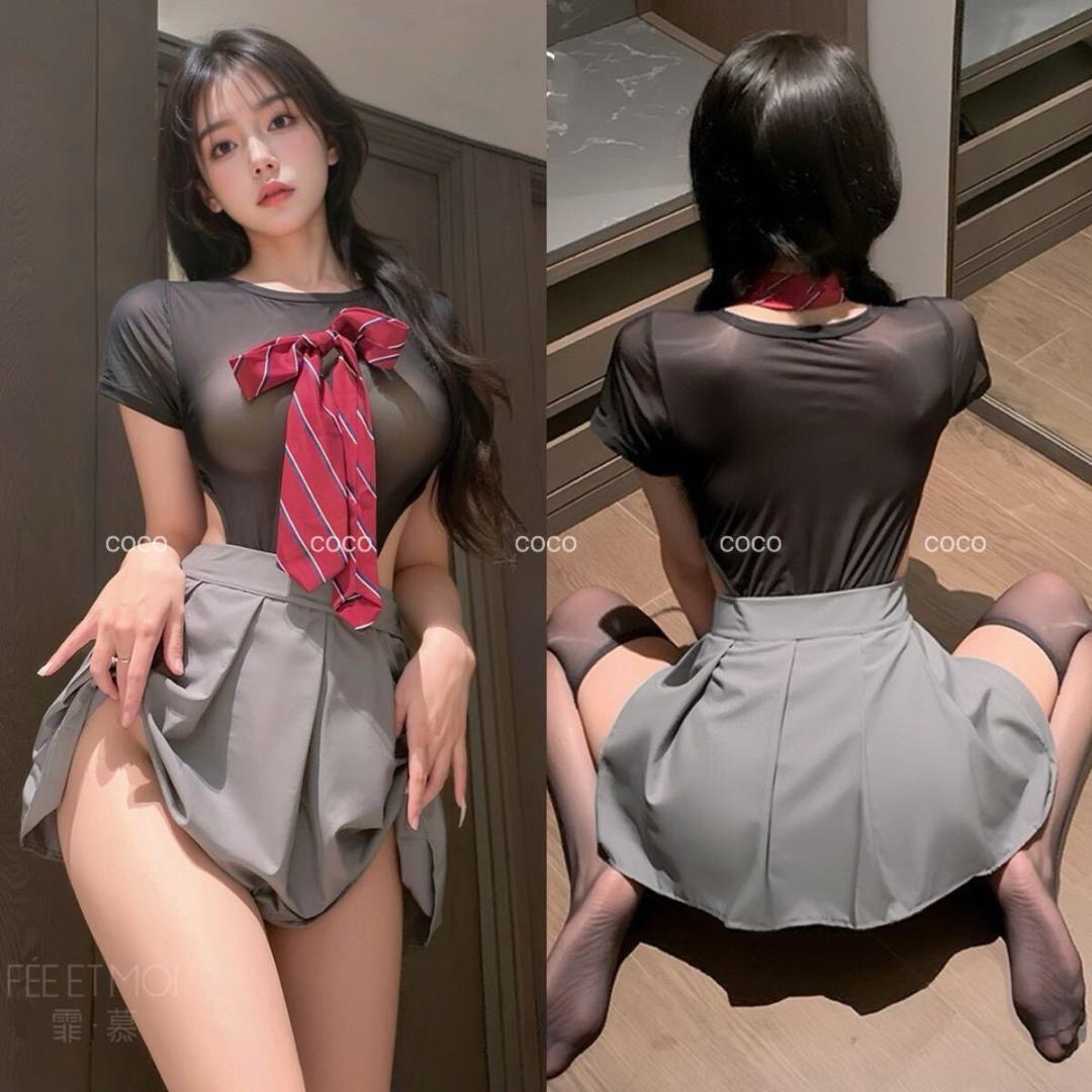 JK女子高生コスプレセット 透けレオタード プリーツスカート 制服 コスプレ衣装