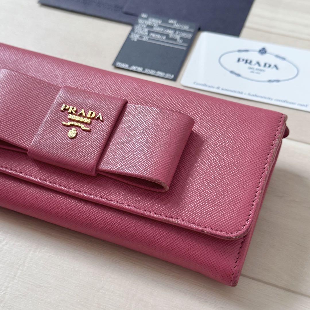 正規品　PRADA プラダ　リボン長財布　サフィアーノ　ピンク