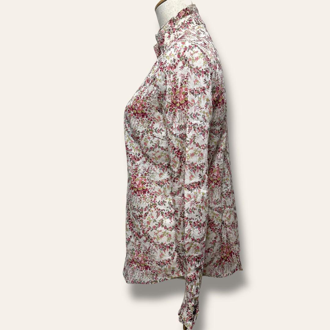 美品　レリアン　花柄フリルギャザースリーブシャツ　アンティークボタン　リネン 美品 レリアン 花柄フリルギャザースリーブシャツ アンティーク