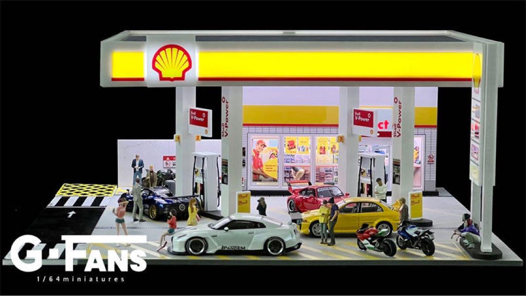 新発売 1/64 shellガソリンスタンドジオラマ　駐車場付き　G-FANS 新発売 1/64 shellガソリンスタンドジオラマ 駐車場付き G-FANS