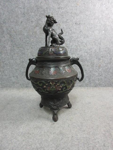 七宝 獅子 香炉 [B22631] 花唐草 古銅 香道具 仏具 仏教 美術