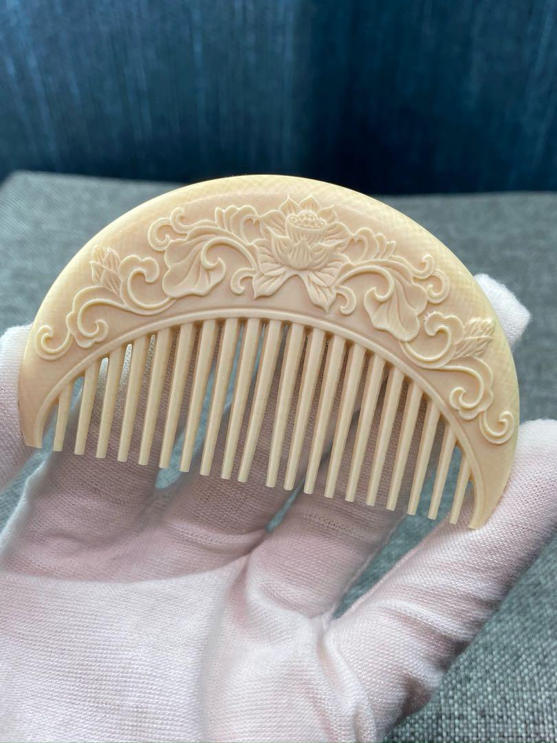 天然マンモス牙美しい手作り彫刻 一櫛百順 髪櫛(21g)