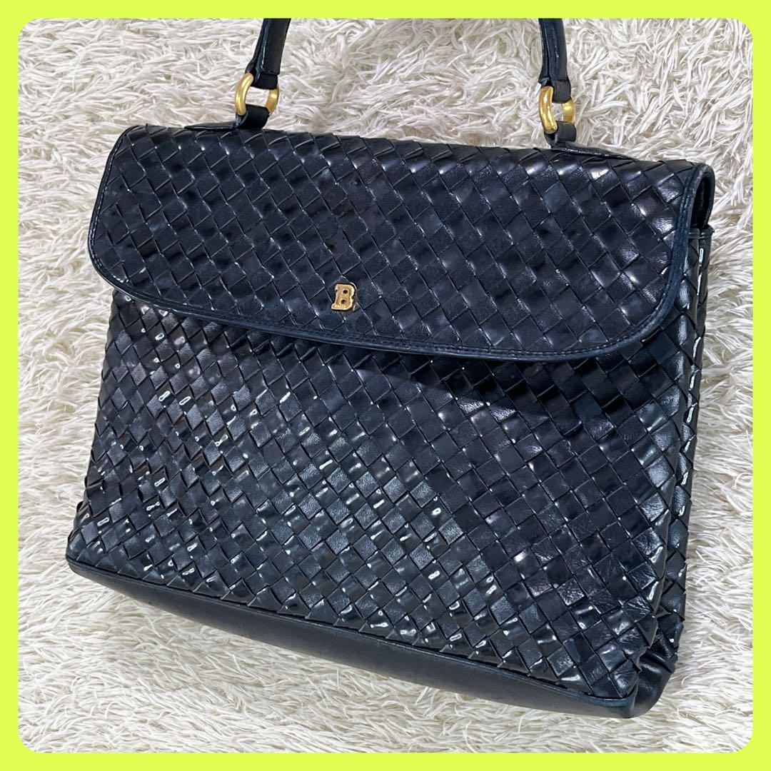 バリー BALLY イントレチャート 編み込み ブラック 本革 ハンドバッグ