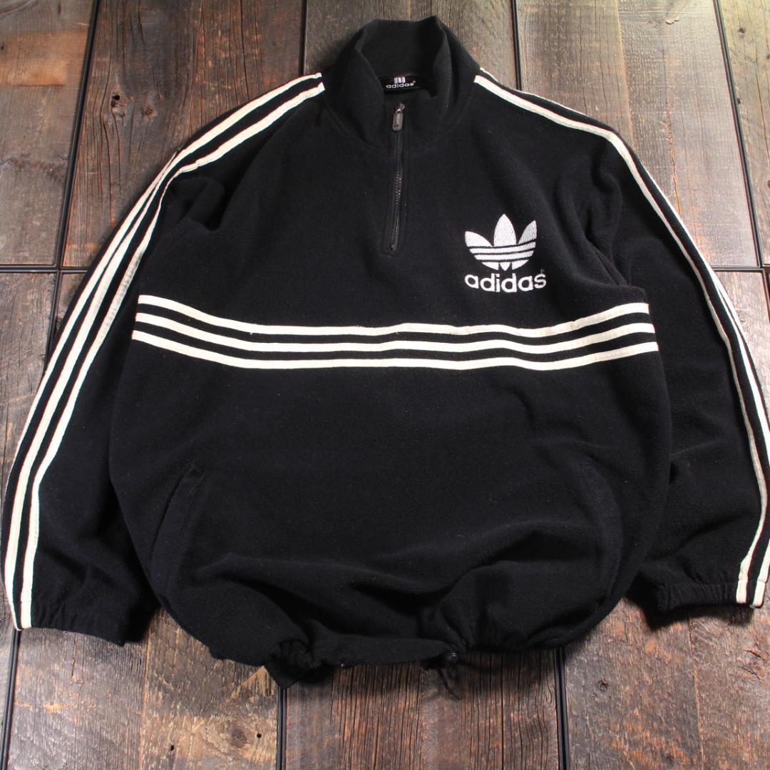 古着　アディダス　フリースプルオーバー　トレフォイル　８０s９０s ブラックXL