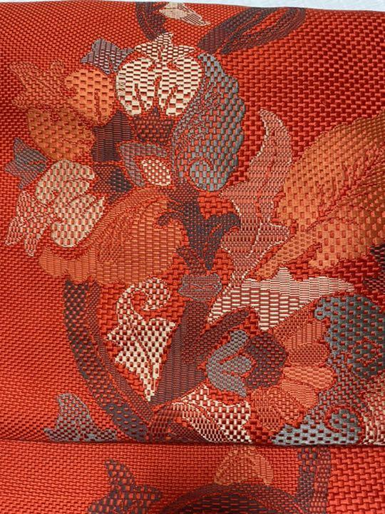 クリスマス特集2025 着物 名古屋帯 181 織り 美品 未使用 朱色 お洒落 正絹 唐花 花 着物・浴衣