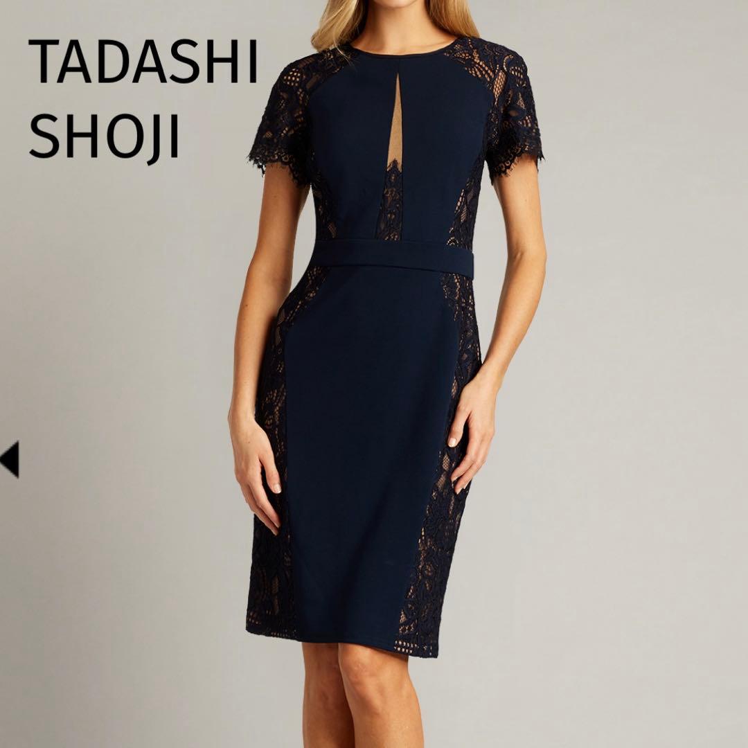 タダシショージ クレメントレースパネルドレス ワンピース ネイビーXS SS Tadashi Shoji