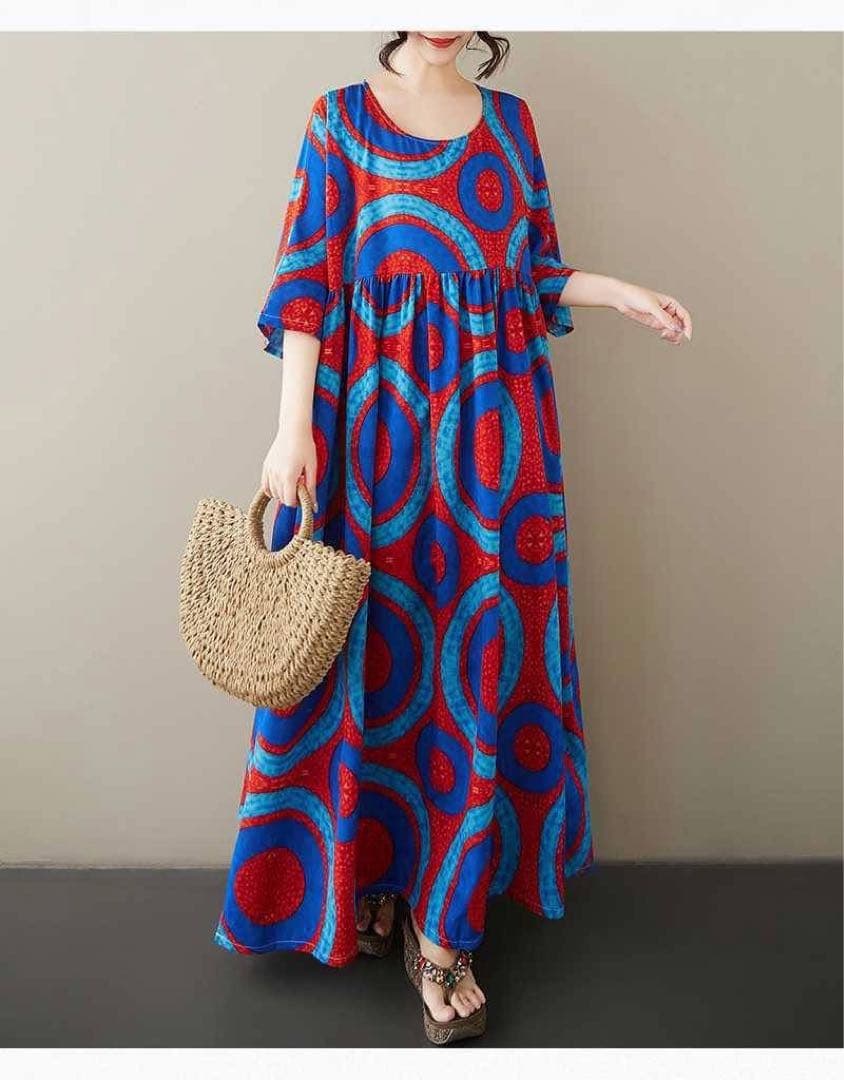 新品 マルチカラー 夏ワンピース 総柄 ゆったり 体型カバー オーバー