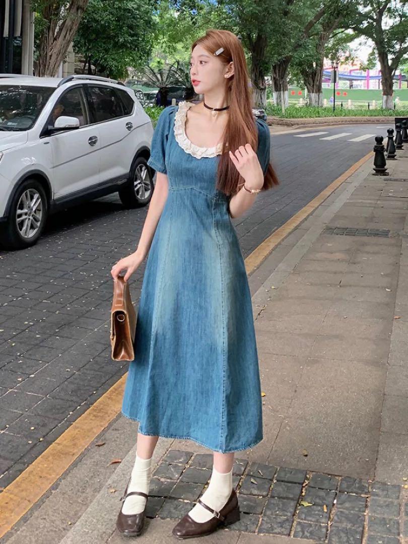 レースフリルデニムロングワンピース✨春夏お出かけコーデに可愛い