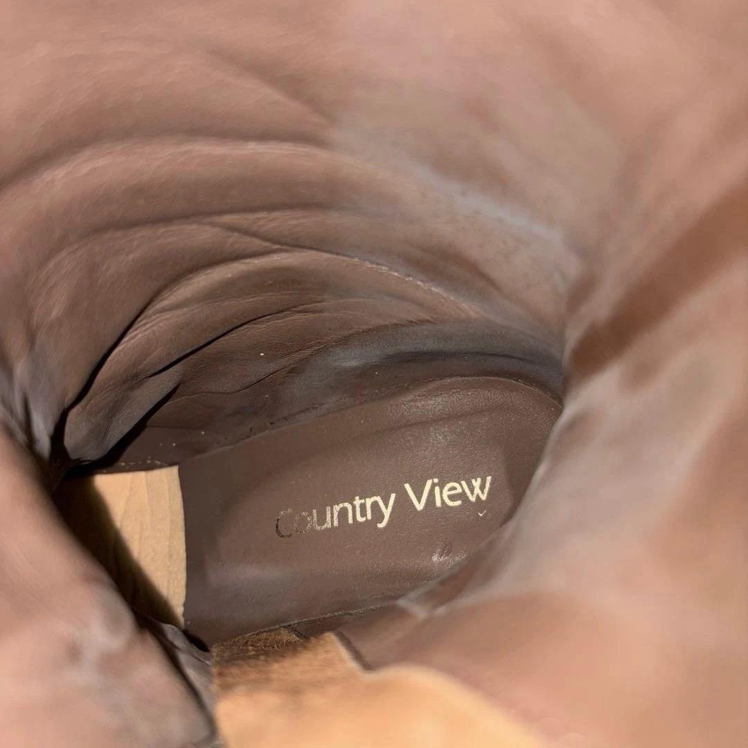 日本製Country Viewスクエアトゥ本革ロングブーツ茶23cm美脚ヒール