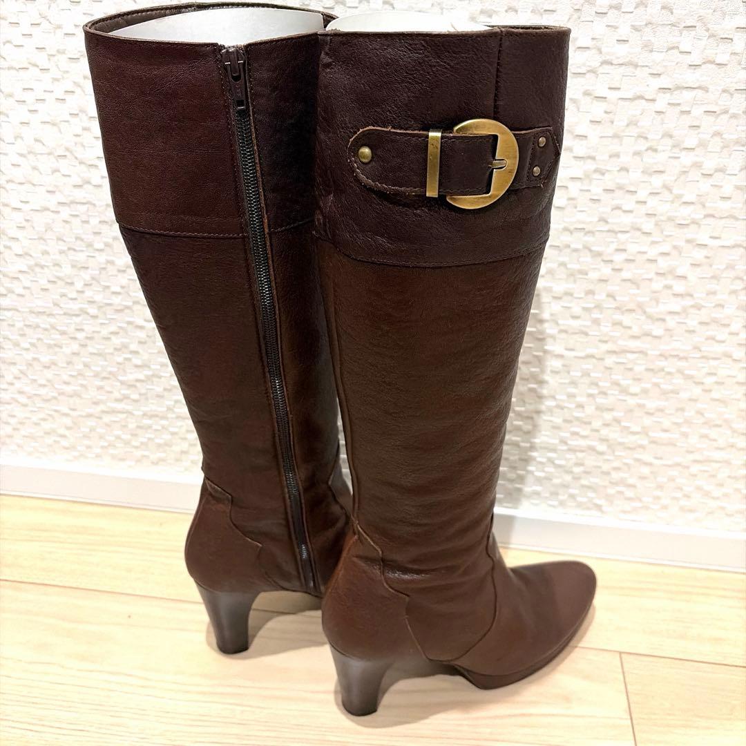 日本製Country Viewスクエアトゥ本革ロングブーツ茶23cm美脚ヒール 日本製Country Viewスクエアトゥ本革ロングブーツ茶23cm美脚ヒール