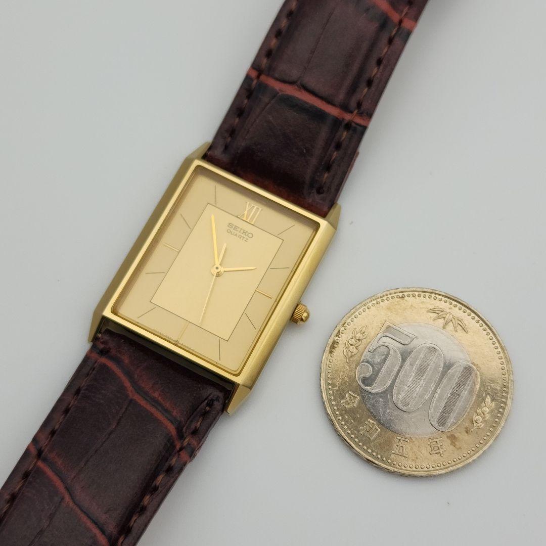 ~美品 稼働 SEIKO 腕時計 スクエア ゴールド レザーベルト 新品電池