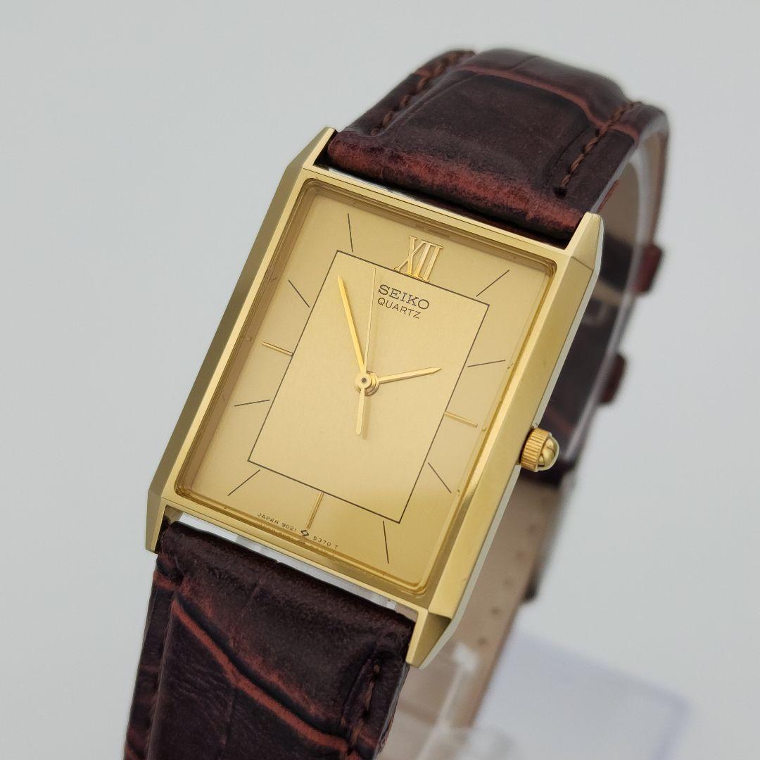 ~美品 稼働 SEIKO 腕時計 スクエア ゴールド レザーベルト 新品電池