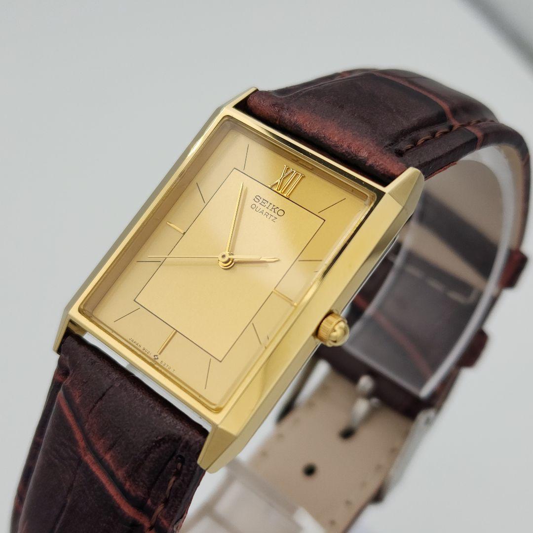 ~美品 稼働 SEIKO 腕時計 スクエア ゴールド レザーベルト 新品電池