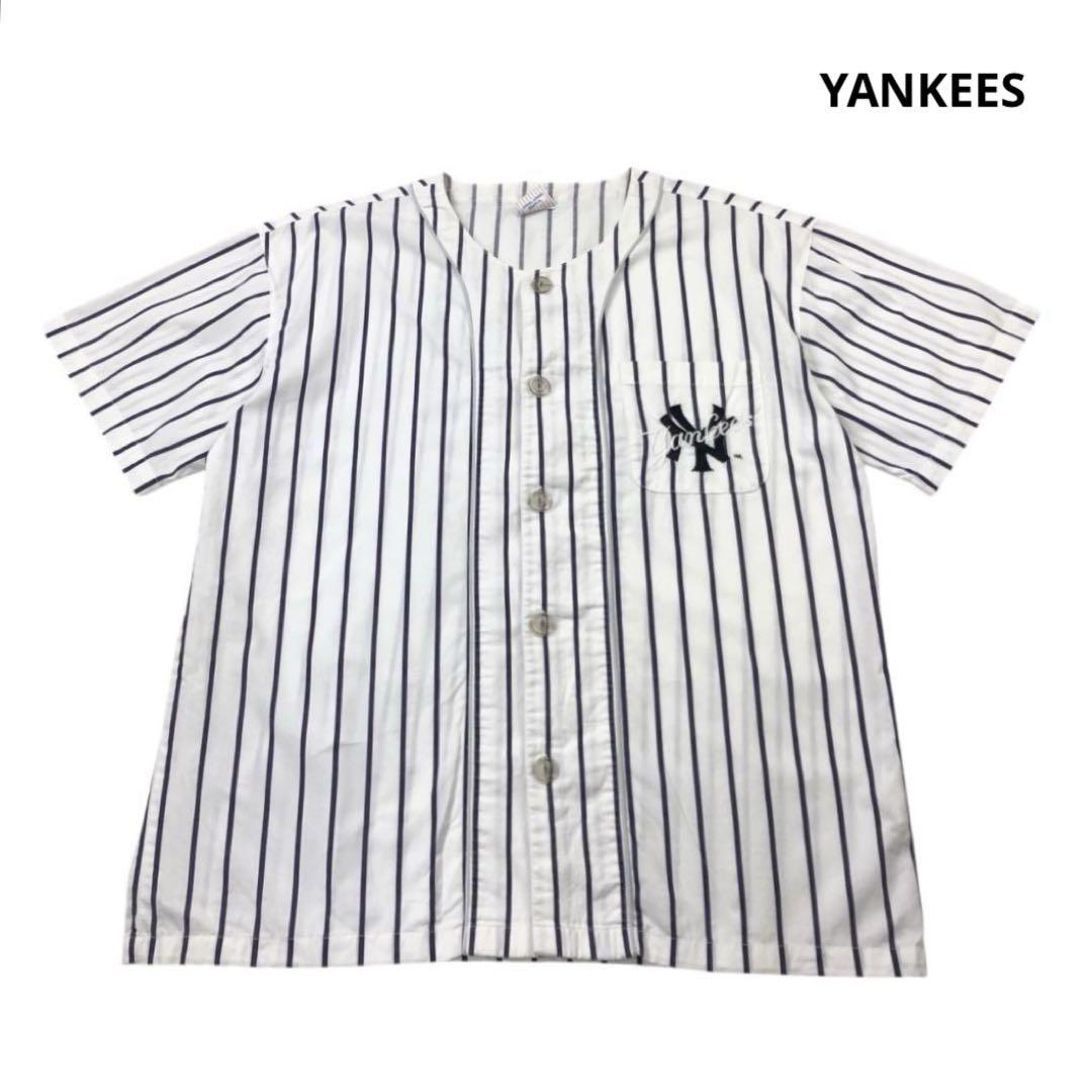 MLB ヤンキース 半袖シャツ ベースボール ストライプ 白×紺 M