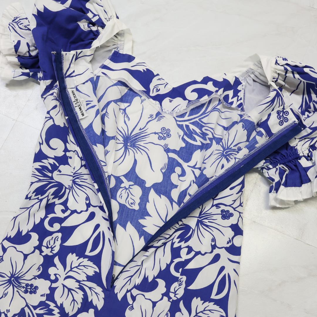 美品♡ハワイ製 フラダンス衣装ブルー T&L MUUMUU FACTORYドレス ハワイ製 フラダンス衣装】ブルー T&L MUUMUU FACTORY ドレス