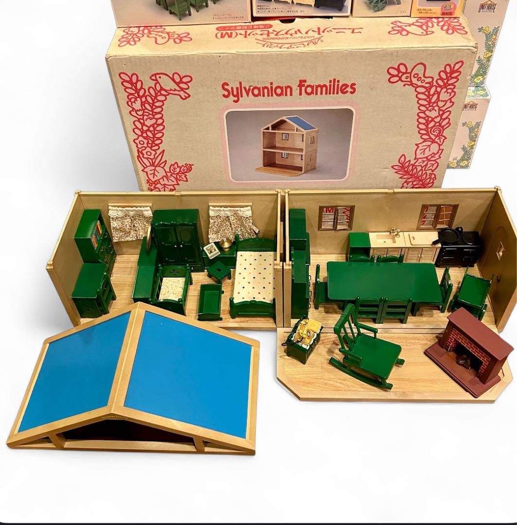 シルバニアファミリー 初期 ユニットハウスセット 緑の家具 美品 ＆ 未使用あり