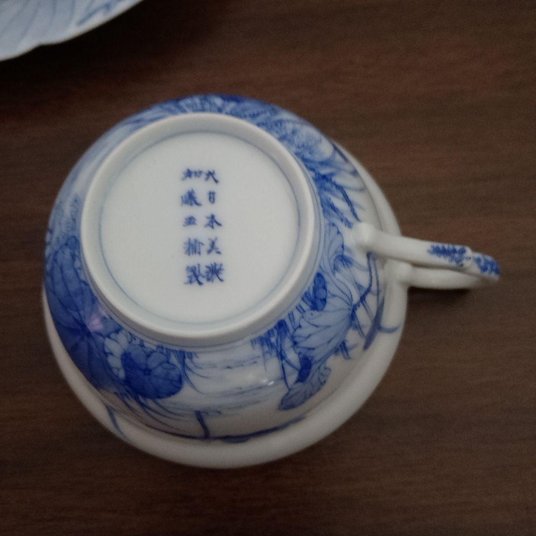 明治工芸　加藤五輔　美濃焼　染付 トリオ　輸出品　里帰り 明治工芸 加藤五輔 美濃焼 染付 カップ＆ソーサー 輸出品 里帰り