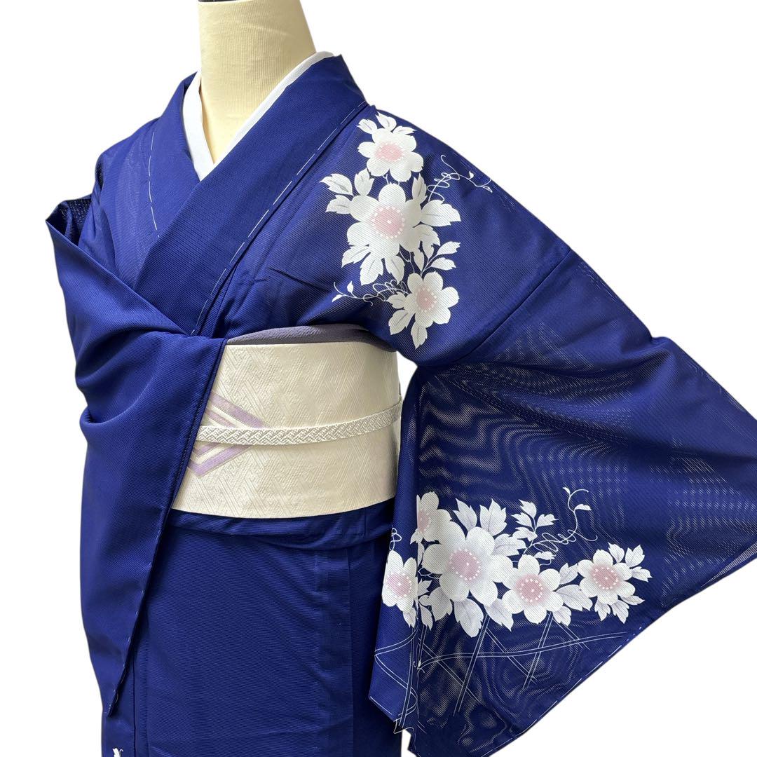 【お得】 A71愛華 美品 ポリエステル 花模柄 単衣 紺青 絽 洗える夏着物 着物・浴衣