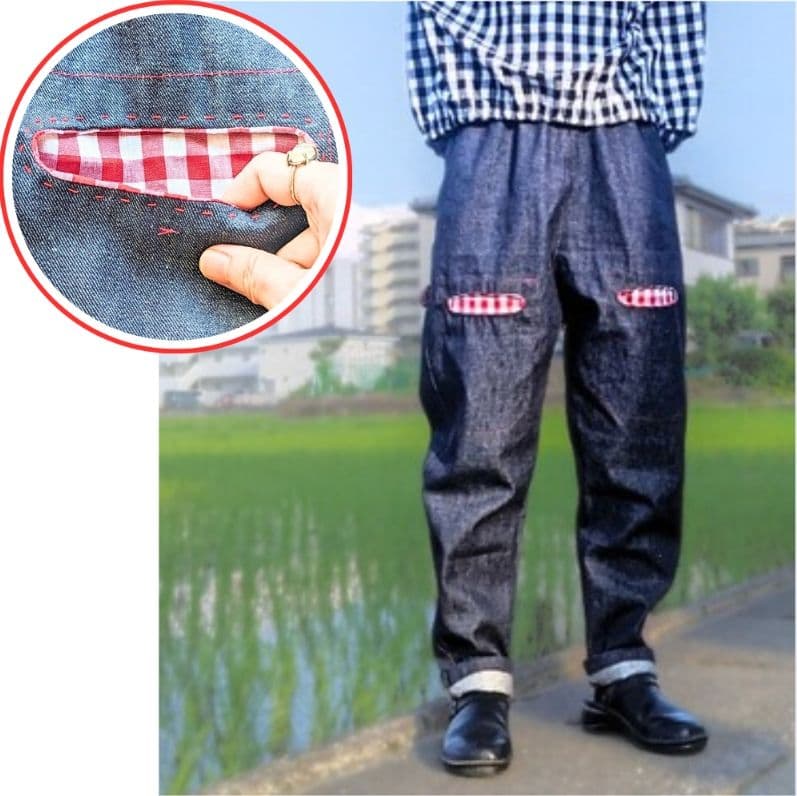 【ポケットが可愛い】デニム サルエル パンツ ギンガムチェック 綿麻 もんぺ