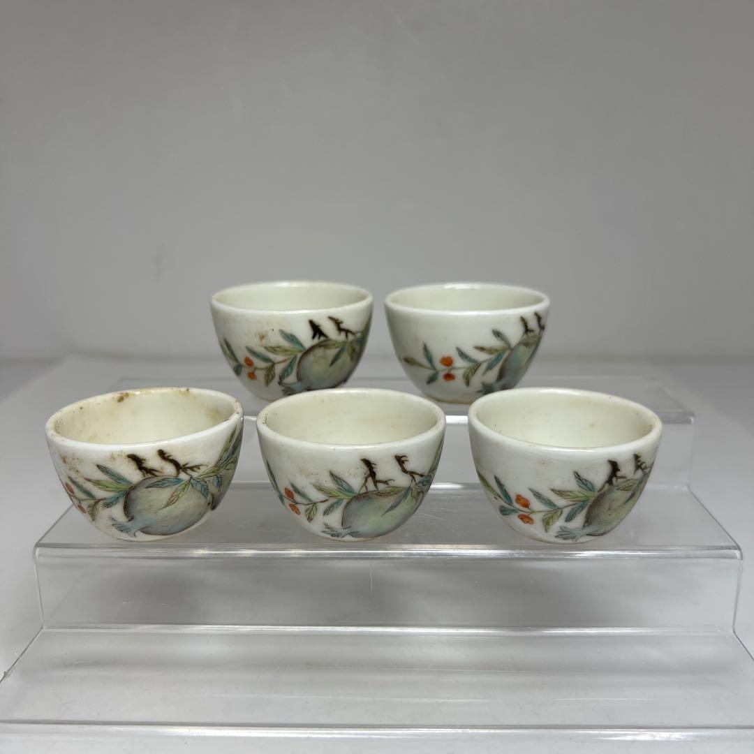 中国古玩　玩玉粉彩煎茶碗　5客　トヒチ　口径4.2㎝　東里7-0509②