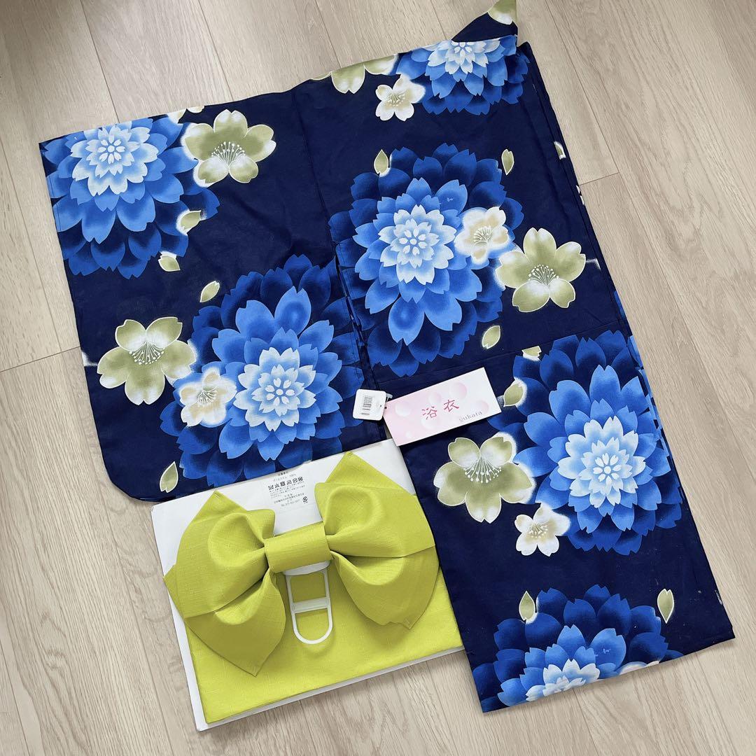 ）レディース浴衣 浴衣帯セット サクラ 桜 ネイビー 紺色 ブルー 新品