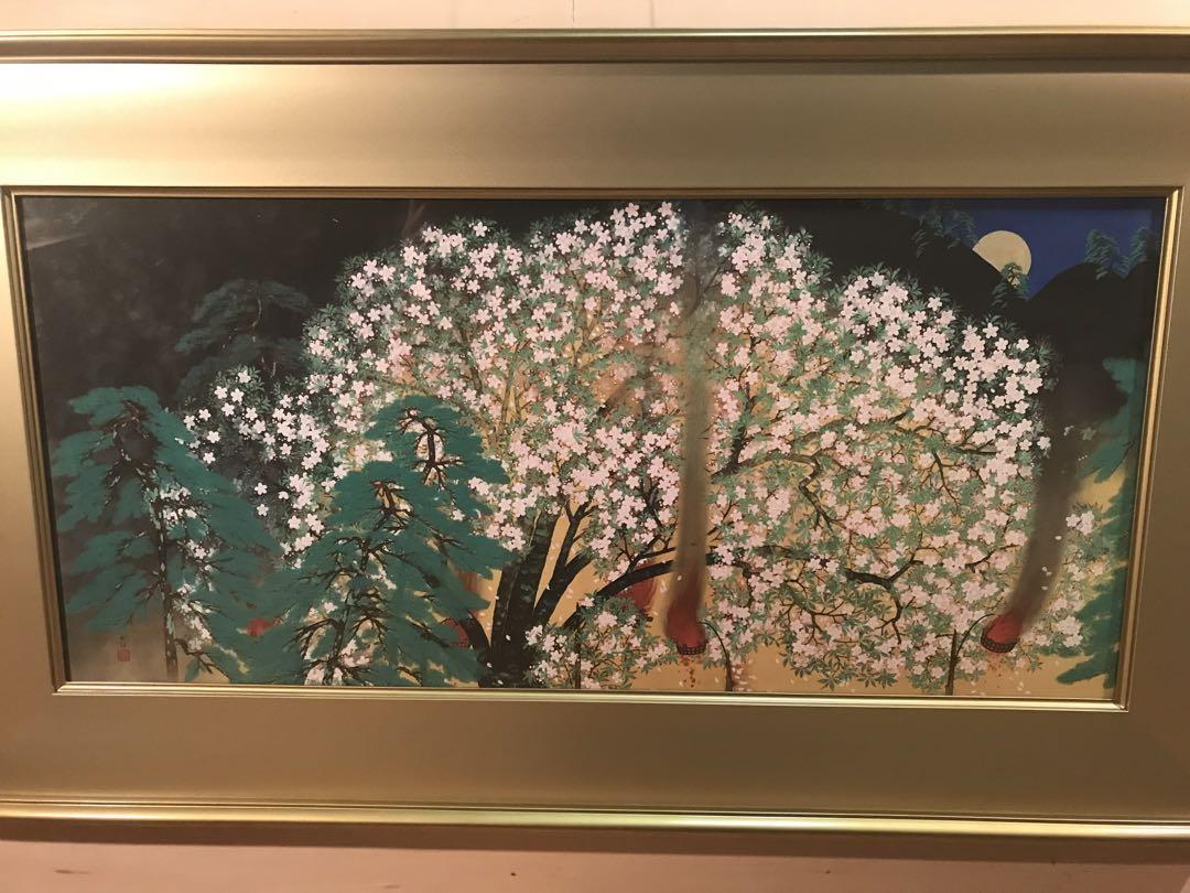 海外最新 横山大観 「夜桜・左隻」 工藝画 作品証明シール有り 版画 版画