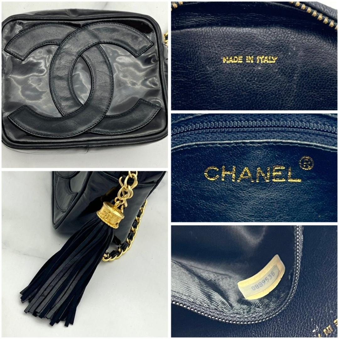 シャネル　黒　パテントレザー　ポーチ　デカココ　チェーンショルダー　CHANEL シャネル デカココ フリンジ チェーンショルダー パテント