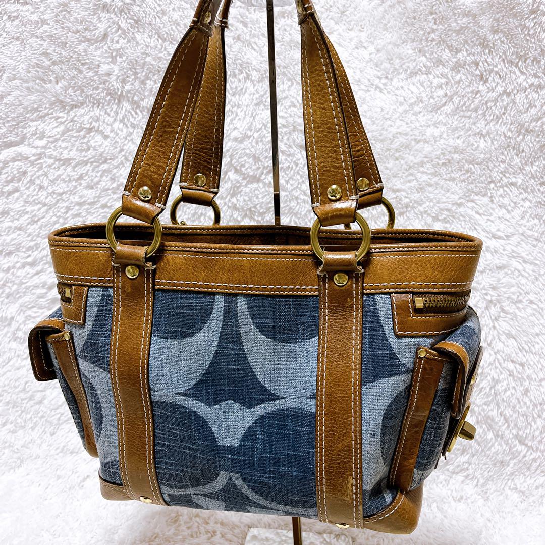 coach コーチ　デニム　ハンドバッグ　ターンロック　レザー