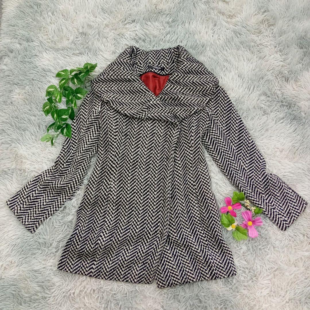 HIROKO BIS】ヘリンボーン ウールコート L グレー ビッグショール