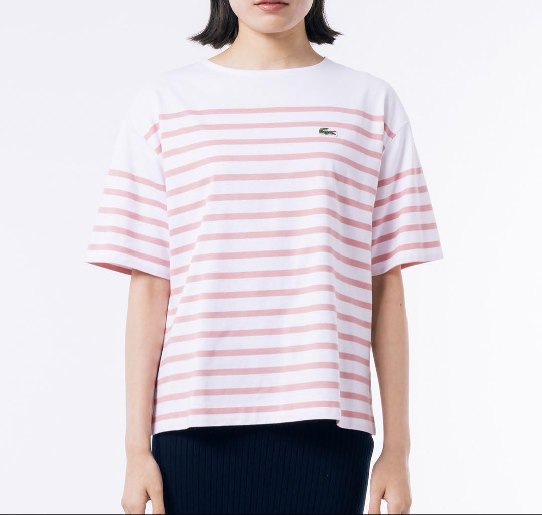 新品　ラコステ　シルケット加工 パネルボーダーバスクシャツ　ピンク　Tシャツ